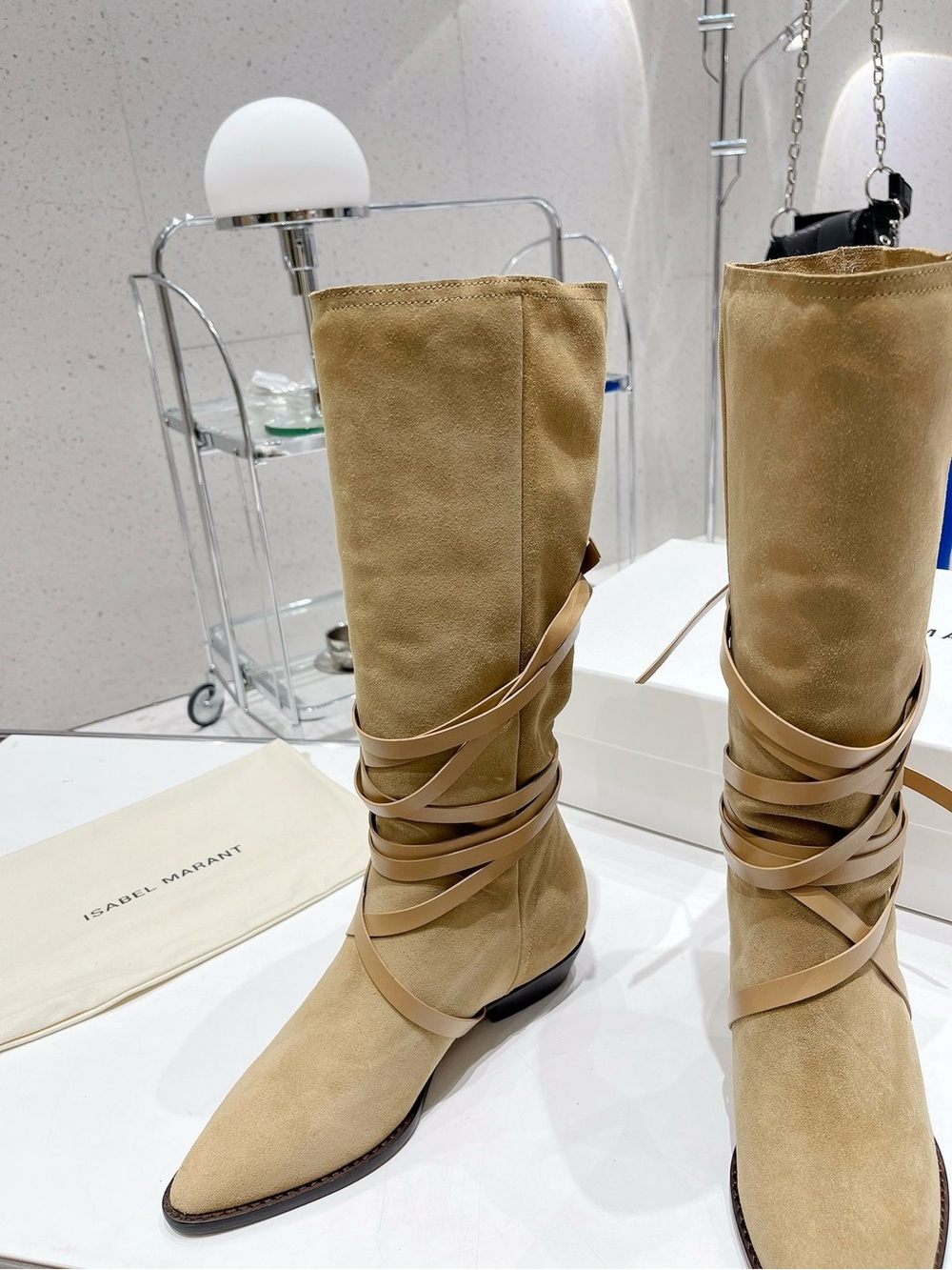 Isabel Marant Beige Suede Wrap-Detail Knee Boots